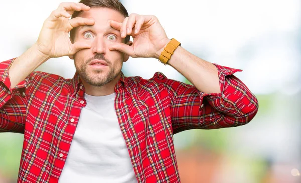 Handsome Man Wearing Casual Shirt Trying Open Eyes Fingers Sleepy — Stock Photo, Image