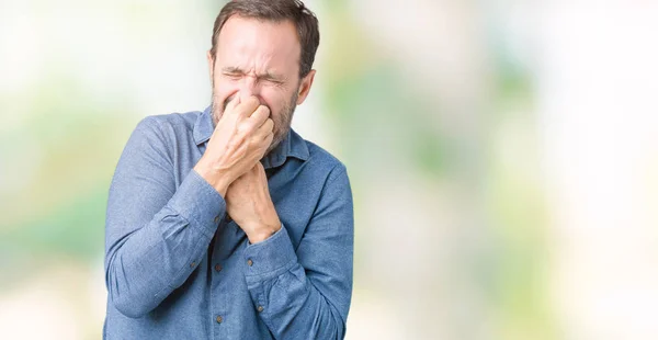 Handsome Middle Age Elegant Senior Man Isolated Background Smelling Something — Stock Photo, Image