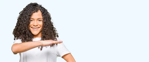 Young Beautiful Woman Curly Hair Wearing White Shirt Gesturing Hands — Stock Photo, Image