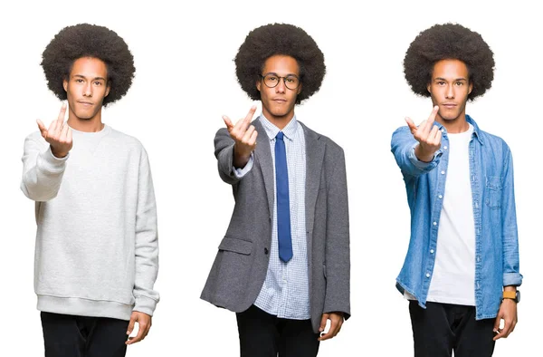 Colagem Jovem Com Cabelo Afro Sobre Fundo Isolado Branco Mostrando — Fotografia de Stock