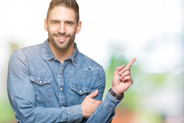 Young Handsome Man Isolated Background Big Smile Face Pointing Hand — Stock Photo, Image