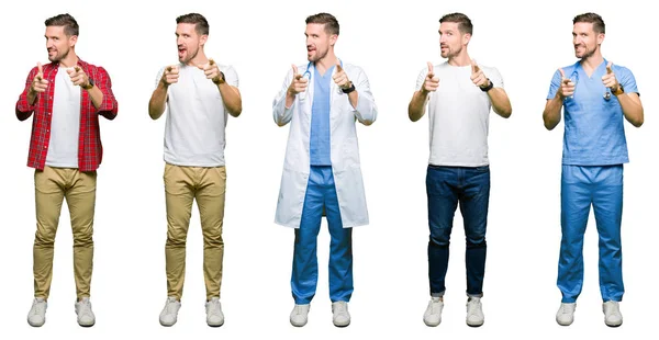 Collage Eines Attraktiven Jungen Mannes Vor Weißem Isoliertem Hintergrund Der — Stockfoto