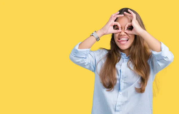 Jovem Mulher Negócios Bonita Morena Sobre Fundo Isolado Fazendo Gesto — Fotografia de Stock