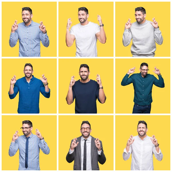 Collage Hombre Guapo Sobre Fondo Amarillo Aislado Sonriendo Cruzando Los —  Fotos de Stock