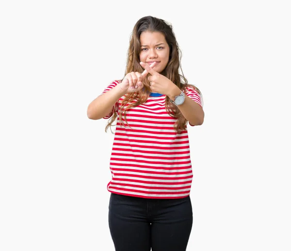 Young Beautiful Brunette Woman Wearing Stripes Shirt Isolated Background Rejection — Stock Photo, Image