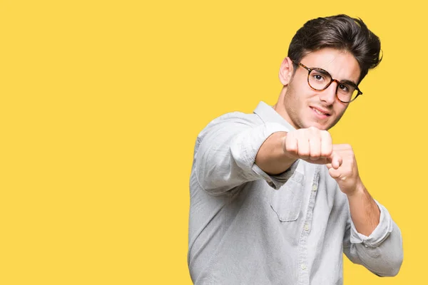 Young Handsome Man Wearing Glasses Isolated Background Punching Fist Fight — Stock Photo, Image