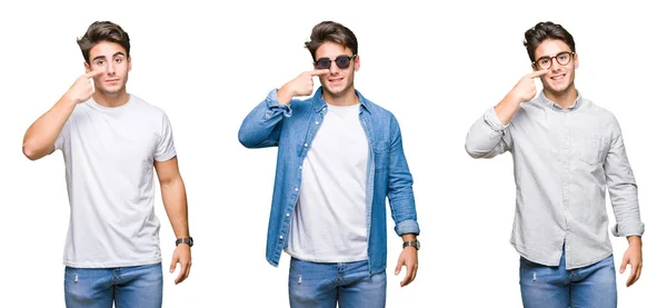 Collage Young Handsome Man Wearing Sunglasses Isolated Background Pointing Hand — Stock Photo, Image