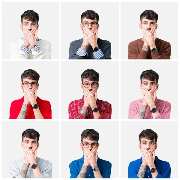 Collage Ung Man Över Isolerade Bakgrund Chockad Som Täcker Munnen — Stockfoto