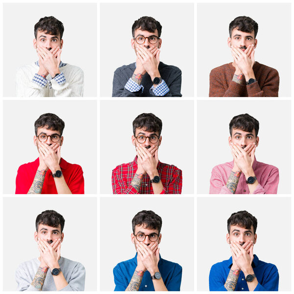Collage of young man over isolated background shocked covering mouth with hands for mistake. Secret concept.