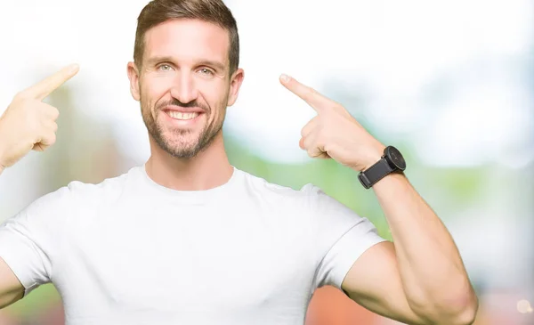 Handsome Man Wearing Casual White Shirt Smiling Pointing Head Both — Stock Photo, Image