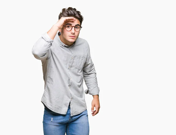 Mladý Pohledný Muž Nosí Brýle Nad Samostatný Pozadí Velmi Šťastný — Stock fotografie