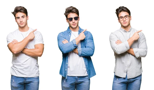 Collage Young Handsome Man Wearing Sunglasses Isolated Background Pointing Hand — Stock Photo, Image