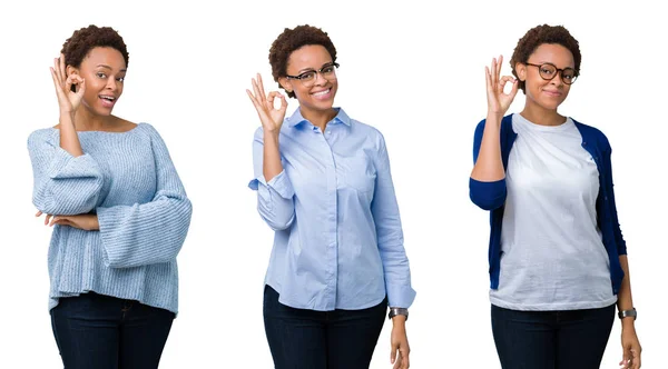 Jovem Afro Americana Com Cabelo Afro Sobre Fundo Isolado Sorrindo — Fotografia de Stock