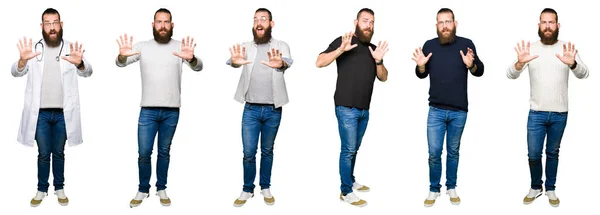 Colagem Jovem Com Coque Sobre Fundo Isolado Branco Com Medo — Fotografia de Stock