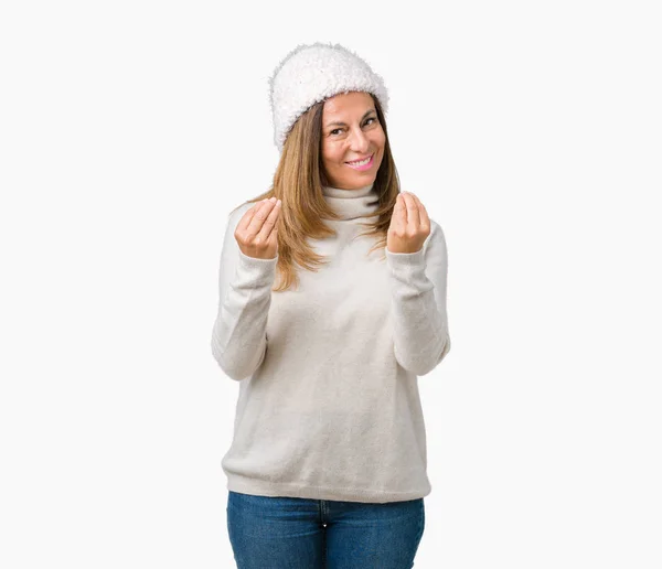 Hermosa Mujer Mediana Edad Vistiendo Suéter Invierno Sombrero Sobre Fondo —  Fotos de Stock