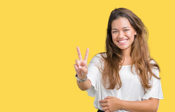 Jovem Mulher Negócios Bonita Morena Sobre Fundo Isolado Sorrindo Com — Fotografia de Stock