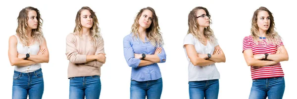 Collage Eines Jungen Schönen Blonden Mädchens Vor Isoliertem Hintergrund Das — Stockfoto