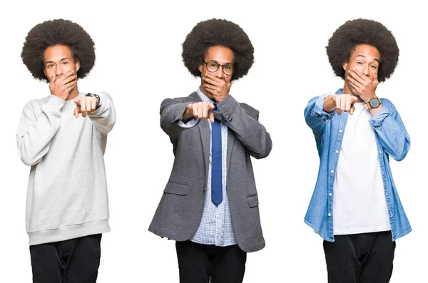 Colagem Jovem Com Cabelo Afro Sobre Fundo Isolado Branco Rindo — Fotografia de Stock