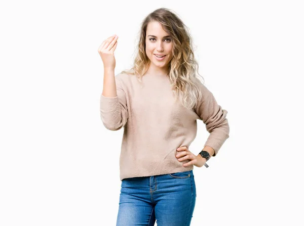 Vacker Ung Blond Kvinna Bär Sweatershirt Över Isolerade Bakgrund Gör — Stockfoto