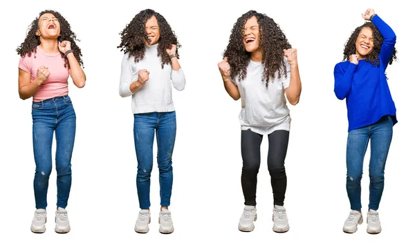 Collage Vacker Ung Kvinna Med Lockigt Hår Över Vit Isolerad — Stockfoto