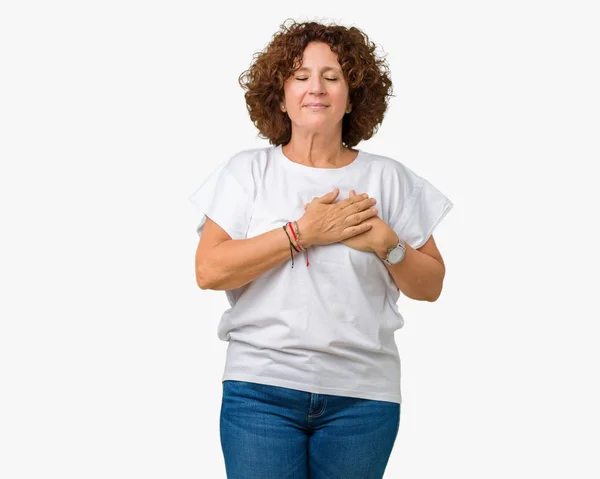 Hermosa Mujer Mediana Edad Ager Vistiendo Camiseta Blanca Sobre Fondo — Foto de Stock