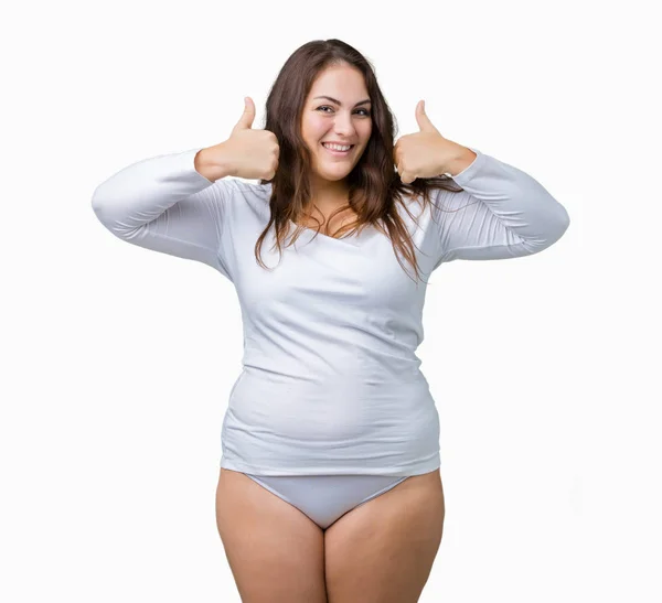 Beautiful Size Young Overwight Woman Wearing White Underwear Isolated Background Royalty Free Stock Photos