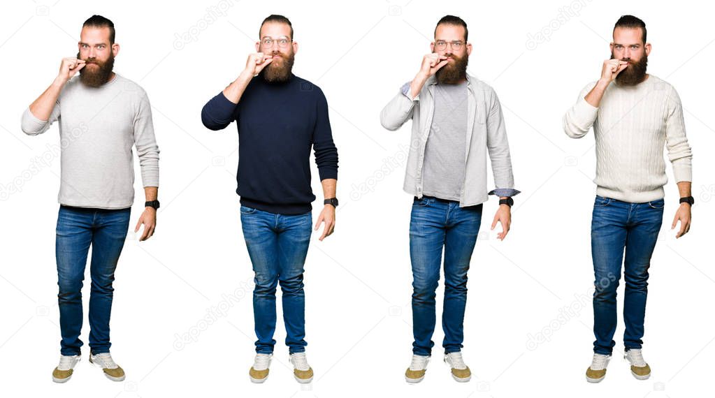 Collage of young man with bun over white isolated background mouth and lips shut as zip with fingers. Secret and silent, taboo talking