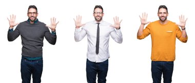 Beyaz izole arka plan üzerinde yakışıklı adam Kolaj gösteren ve emin ve mutlu gülümserken parmakları on numara ile işaret.