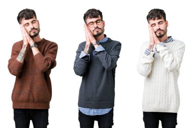 Izole arka plan üzerinde bir kazak giyen genç adamın kolaj yorgun rüya ve kapalı gözlerle gülümseyerek birlikte elleri ile poz uyku.