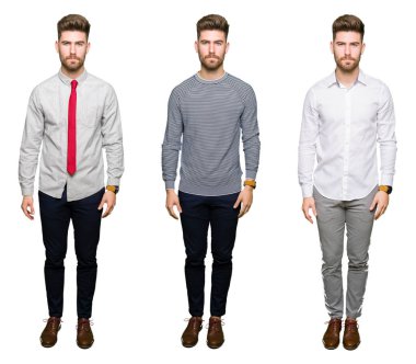 Yakışıklı genç iş adamı beyaz izole arka plan şüpheci ve sinir, papatyanın üzgün sorun nedeniyle kolaj. Negatif kişi.