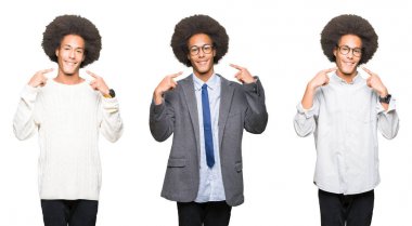 Beyaz izole arka plan üzerinde afro saçlı genç adamın kolaj emin gösteren gülümseyerek ve parmakları diş ve ağız ile işaret. Sağlık kavramı.