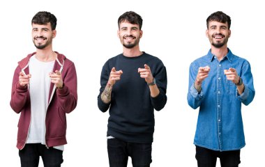 İzole arka plan üzerinde genç adam kolaj mutlu ve komik yüz ile kamera parmaklar işaret. İyi enerji ve Vibes.