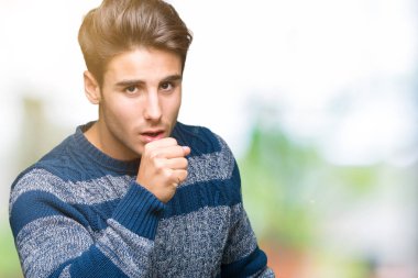 Yakışıklı delikanlı duygu hasta ve soğuk veya bronşit için semptom olarak öksürük izole arka plan üzerinde. Sağlık kavramı.