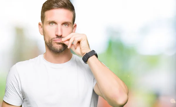 Handsome Man Wearing Casual White Shirt Mouth Lips Shut Zip — Stock Photo, Image