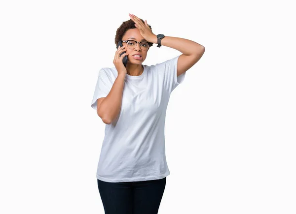 Young African American Woman Talking Phone Isolated Background Stressed Hand — Stock Photo, Image
