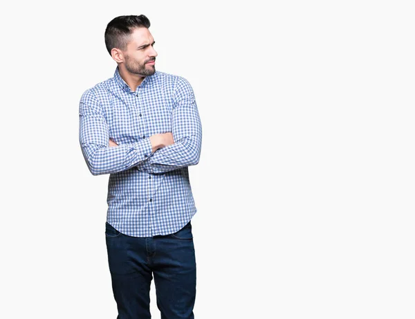 Joven Hombre Guapo Sobre Fondo Aislado Sonriendo Mirando Lado Con — Foto de Stock