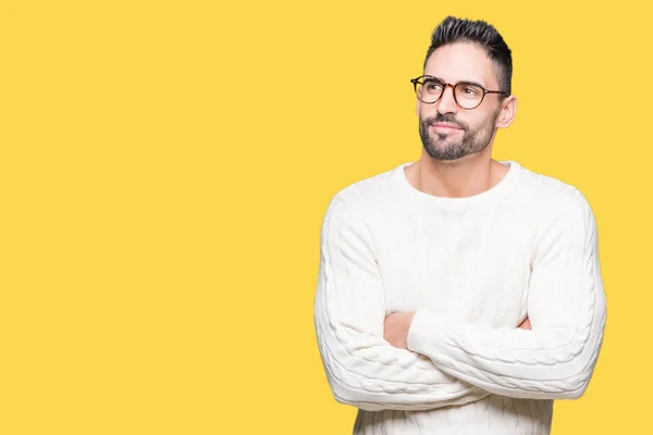 Jovem Bonito Homem Vestindo Óculos Sobre Isolado Fundo Sorrindo Olhando — Fotografia de Stock