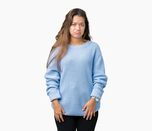 Mujer Morena Hermosa Joven Vistiendo Suéter Azul Invierno Sobre Fondo — Foto de Stock