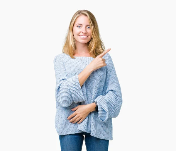 Beautiful Young Woman Wearing Blue Sweater Isolated Background Pointing Hand — Stock Photo, Image