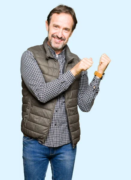 Middle Age Handsome Man Wearing Winter Vest Pointing Back Hand — Stock Photo, Image