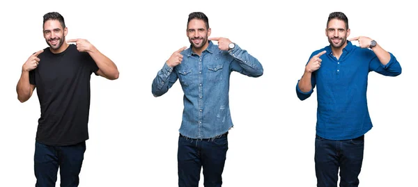 Colagem Homem Bonito Sobre Fundo Isolado Branco Sorrindo Confiante Mostrando — Fotografia de Stock