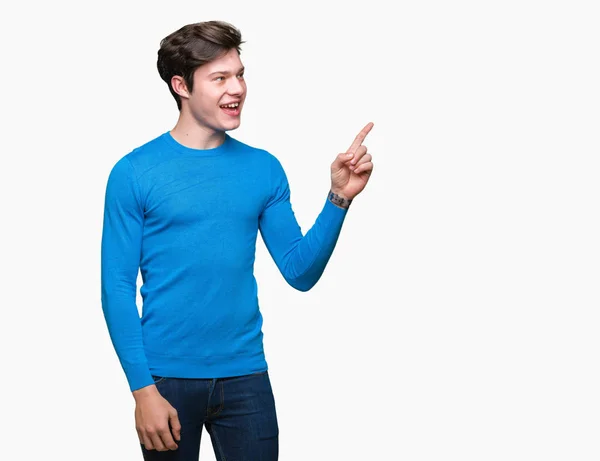 Homem Bonito Jovem Vestindo Camisola Azul Sobre Fundo Isolado Com — Fotografia de Stock