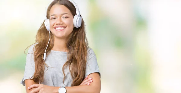 Young Beautiful Woman Wearing Headphones Listening Music Isolated Background Happy — Stock Photo, Image