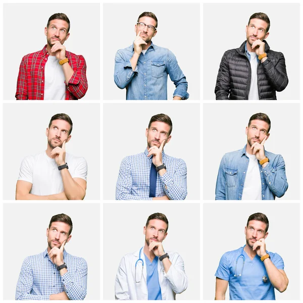 Collage Attractive Young Man White Isolated Background Hand Chin Thinking — Stock Photo, Image