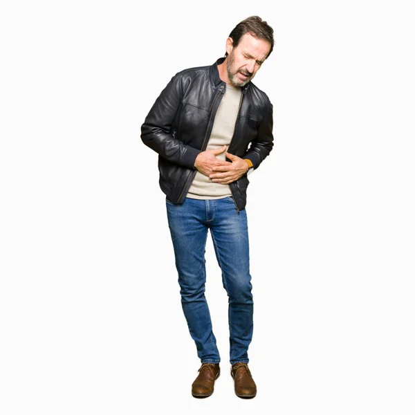 Middle Age Handsome Man Wearing Black Leather Jacket Hand Stomach — Stock Photo, Image