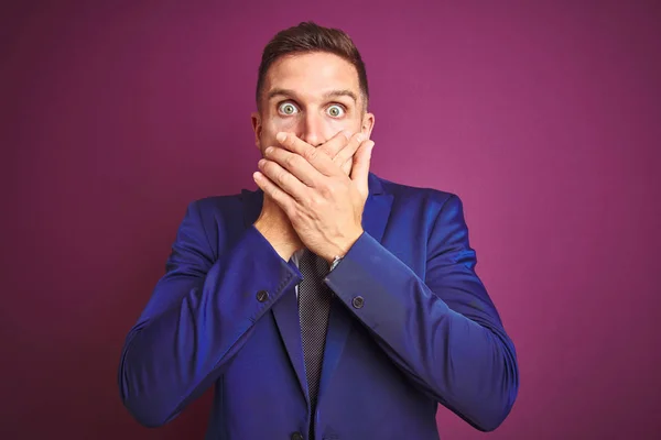 Young Handsome Business Man Purple Isolated Background Shocked Covering Mouth — 스톡 사진