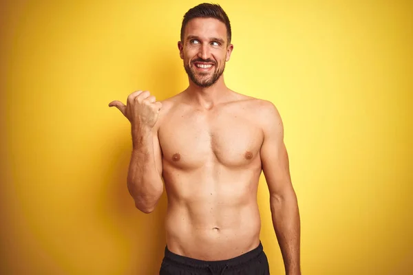 Young Handsome Shirtless Man Isolated Yellow Background Smiling Happy Face — Stock Photo, Image