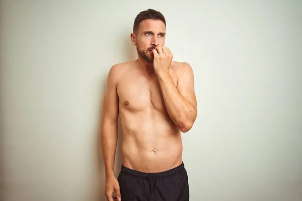 Young Handsome Shirtless Man Isolated Background Looking Stressed Nervous Hands — Stock Photo, Image