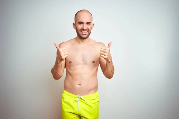 Young Shirtless Man Vacation Wearing Yellow Swimwear Isolated Background Success — Stock Photo, Image