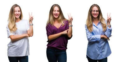 Kolaj genç güzel sarışın kadının mutlu yüz zafer işareti yaparken kameraya göz kırpıyor ile gülümseyen izole arka plan üzerinde. İki numaralı.